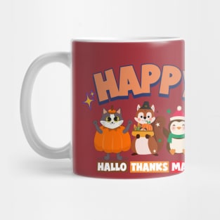 Happy Hallothanksmas Cute Characters- Funny Holiday Mug